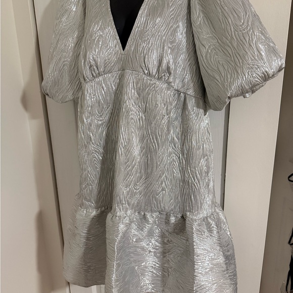Silver Textured Mini Dress with Puff Sleeves - Picture 3 of 3
